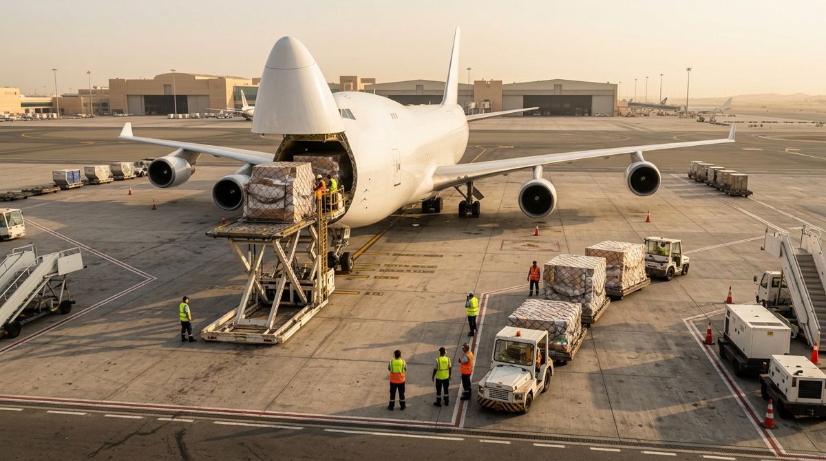 Air cargo from Dubai to Pakistan: cargo aircraft being loaded at Dubai airport