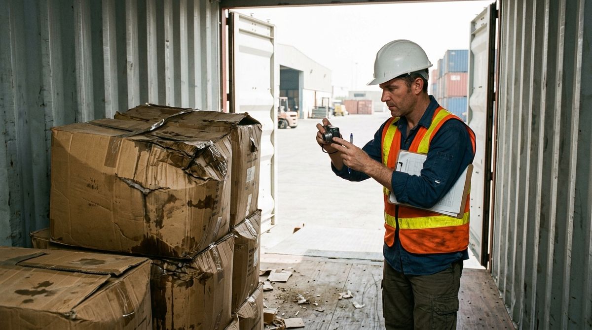 Surveyor inspecting water-damaged cartons in a container for a cargo insurance claim in Dubai