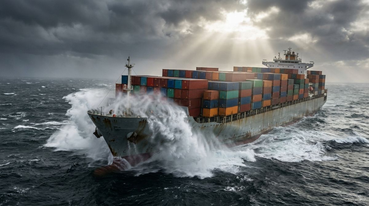 Cargo insurance in UAE: container ship sailing through a storm at sea