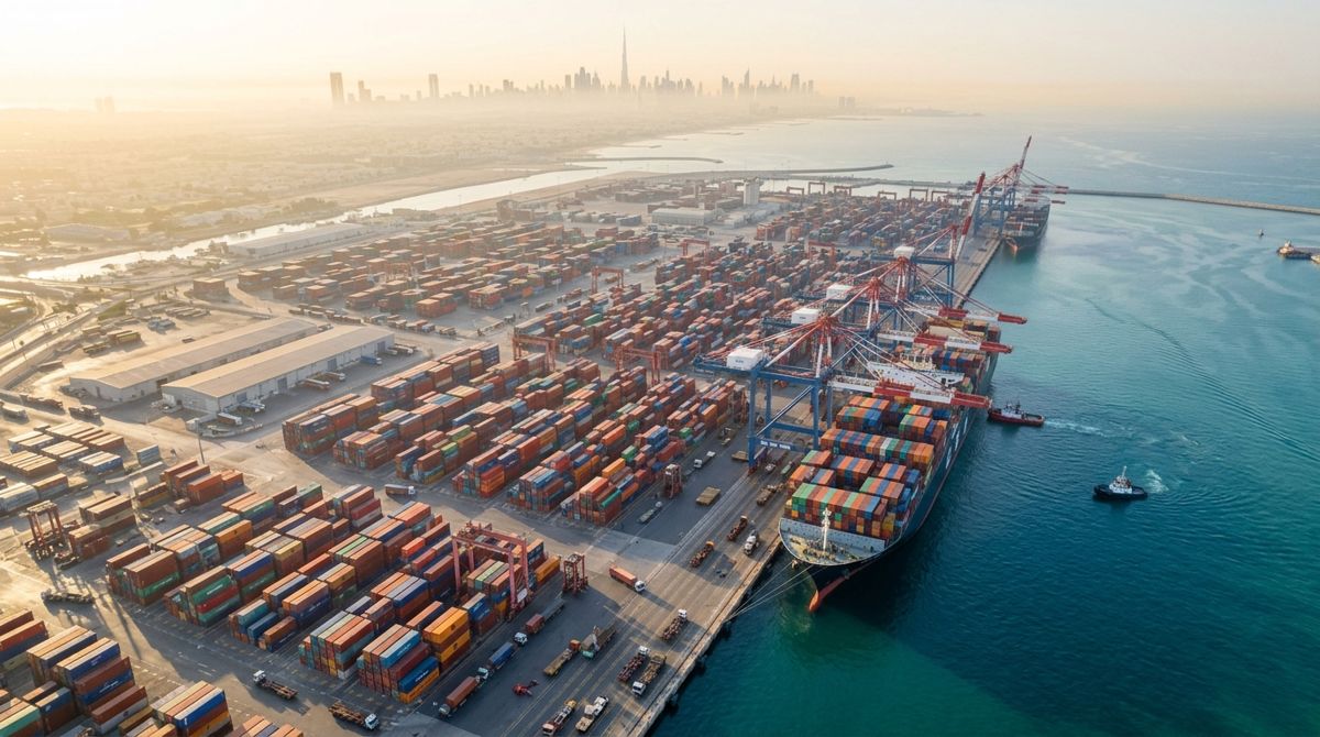 How to choose a shipping company in UAE: container ship loading at Jebel Ali Port, Dubai