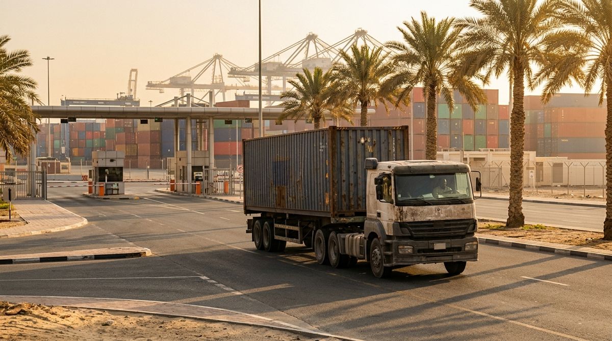 CIF Jebel Ali: container truck leaving Jebel Ali Port for delivery in Dubai