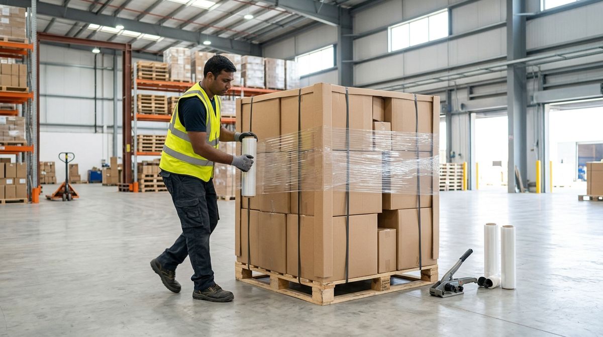 Cargo insurance in UAE: export packing a pallet with straps and corner protectors to lower the premium