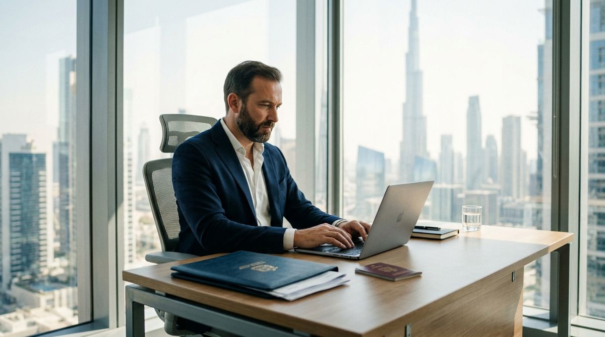 Import export code in Dubai: business owner registering a company on a laptop in a Dubai office