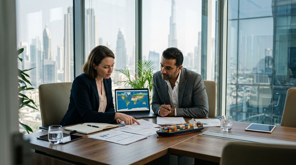 Incoterms explained: importer and freight forwarder reviewing a supplier contract in Dubai