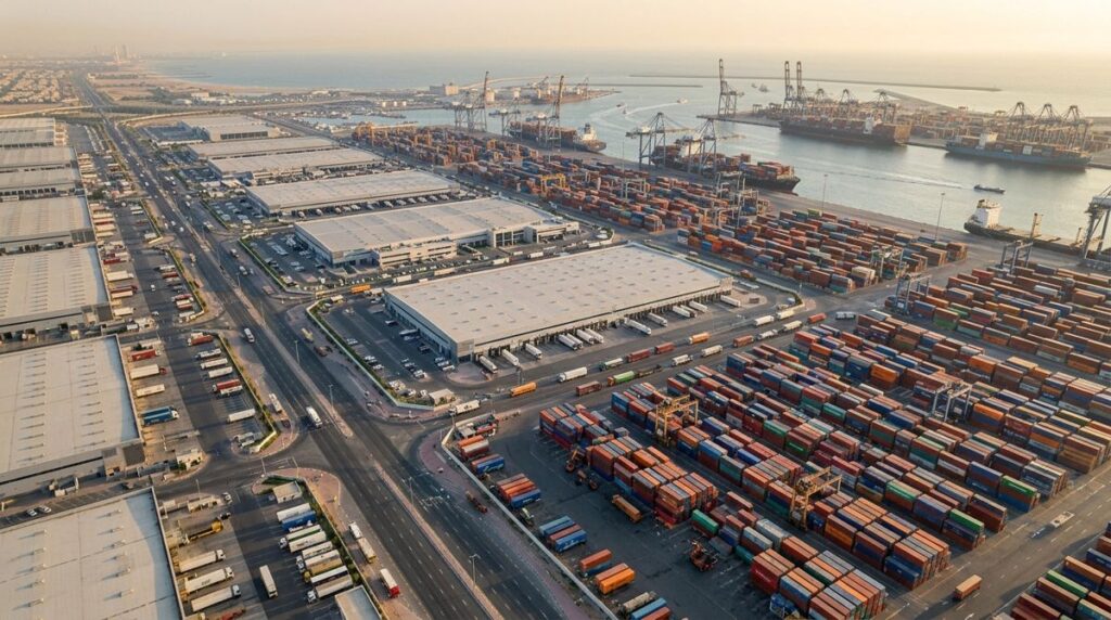 Re-export from Dubai: free zone warehouses and container yards next to Jebel Ali Port