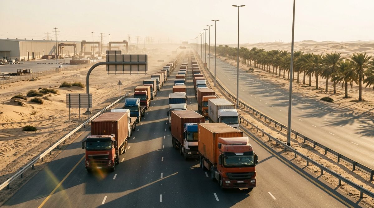 Container trucks carrying re-export cargo from Dubai by land to GCC countries