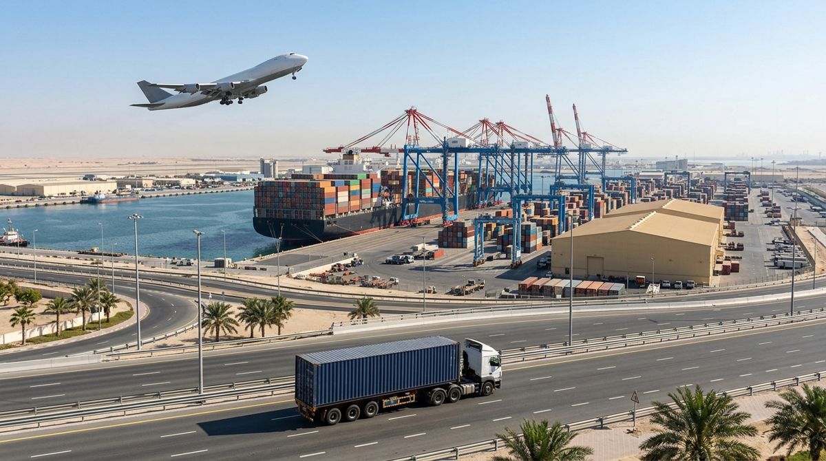 Air freight, sea freight and land freight at a UAE logistics hub
