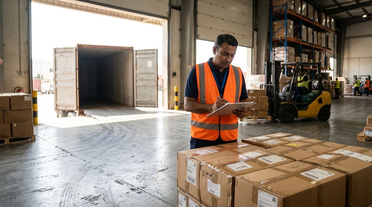 Importer checking goods from China against the invoice after UAE customs clearance